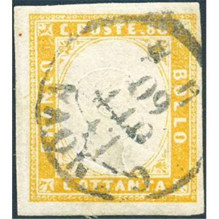 Sardinia 1860 Victor Emmanuel 80 c. orange-yellow with a Genoa cancellation no. 17D Certified by Biondi Cat. €700 (U)