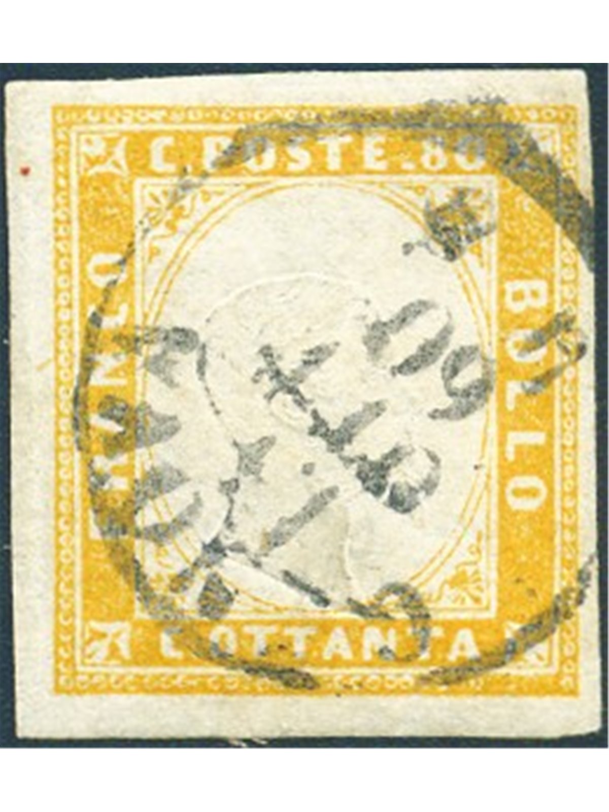 Sardinia 1860 Victor Emmanuel 80 c. orange-yellow with a Genoa cancellation no. 17D Certified by Biondi Cat. €700 (U)