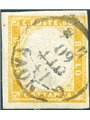 Sardegna 1860 Vitt. Emanuele 80 c. giallo arancio con annullo di Genova n° 17D Cert. Biondi Cat. € 700 (U)