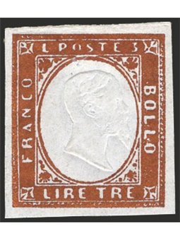 Sardinia 1861 Victor Emmanuel 3 £ bright copper no. 18A. Signed AD ED. CiBaFil cert Cat. €700 (*)