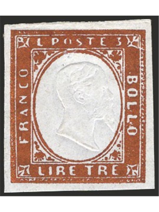Sardinia 1861 Victor Emmanuel 3 £ bright copper no. 18A. Signed AD ED. CiBaFil cert Cat. €700 (*)