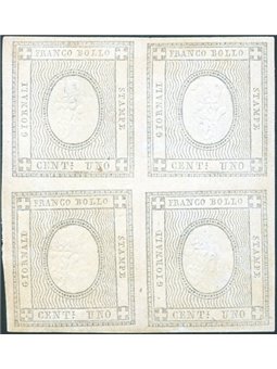 Sardegna 1861 Francobolli per stampati 1 c. con rilievo "1" capovolto n° 19i in splendida quartina Cert. Biondi Cat. € 26.000++ 