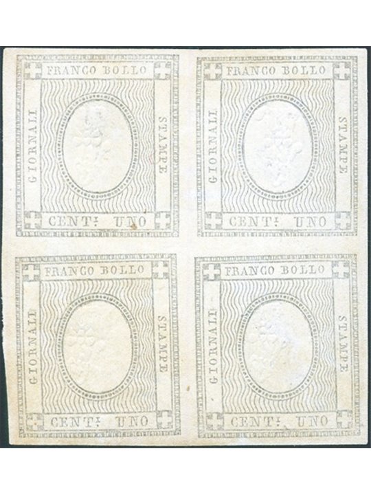 Sardegna 1861 Francobolli per stampati 1 c. con rilievo "1" capovolto n° 19i in splendida quartina Cert. Biondi Cat. € 26.000++ 