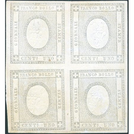 Sardegna 1861 Francobolli per stampati 1 c. con rilievo "1" capovolto n° 19i in splendida quartina Cert. Biondi Cat. € 26.000++ 