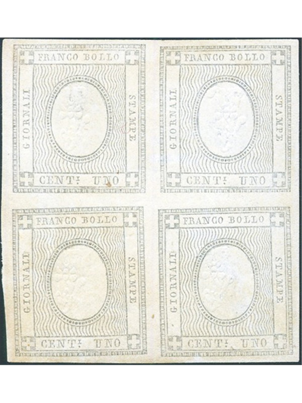 Sardinia 1861 Postage stamps for printed matter 1 c. with “ 1’ upside down no. 19i in a splendid block of four Certified by Bion