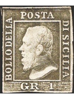 Sicilia 1859 1 gr. verde oliva grigiastro II tavola n° 4 Cert. Cilio Cat. € 2.000 (*)