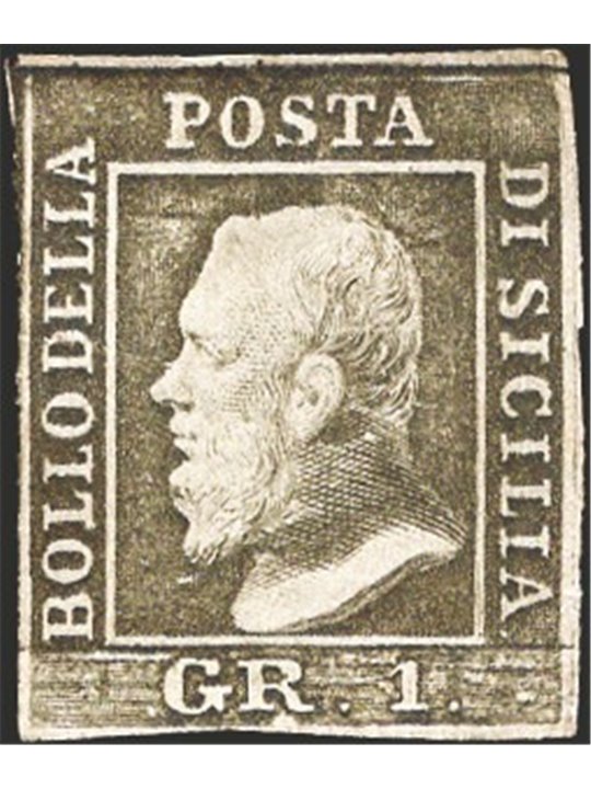 Sicily 1859 1 gr. greyish olive-green Plate II no. 4 Certified by Cilio Catalogue price €2,000 (*)