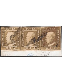 Sicily 1859 Letter fragment with a strip of 3 olive-brown 1 gr. stamps (NA) position 32 with double engraving 33 and 34 from the