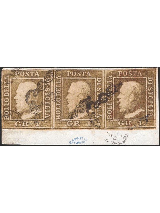 Sicily 1859 Letter fragment with a strip of 3 olive-brown 1 gr. stamps (NA) position 32 with double engraving 33 and 34 from the