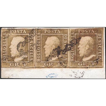 Sicily 1859 Letter fragment with a strip of 3 olive-brown 1 gr. stamps (NA) position 32 with double engraving 33 and 34 from the