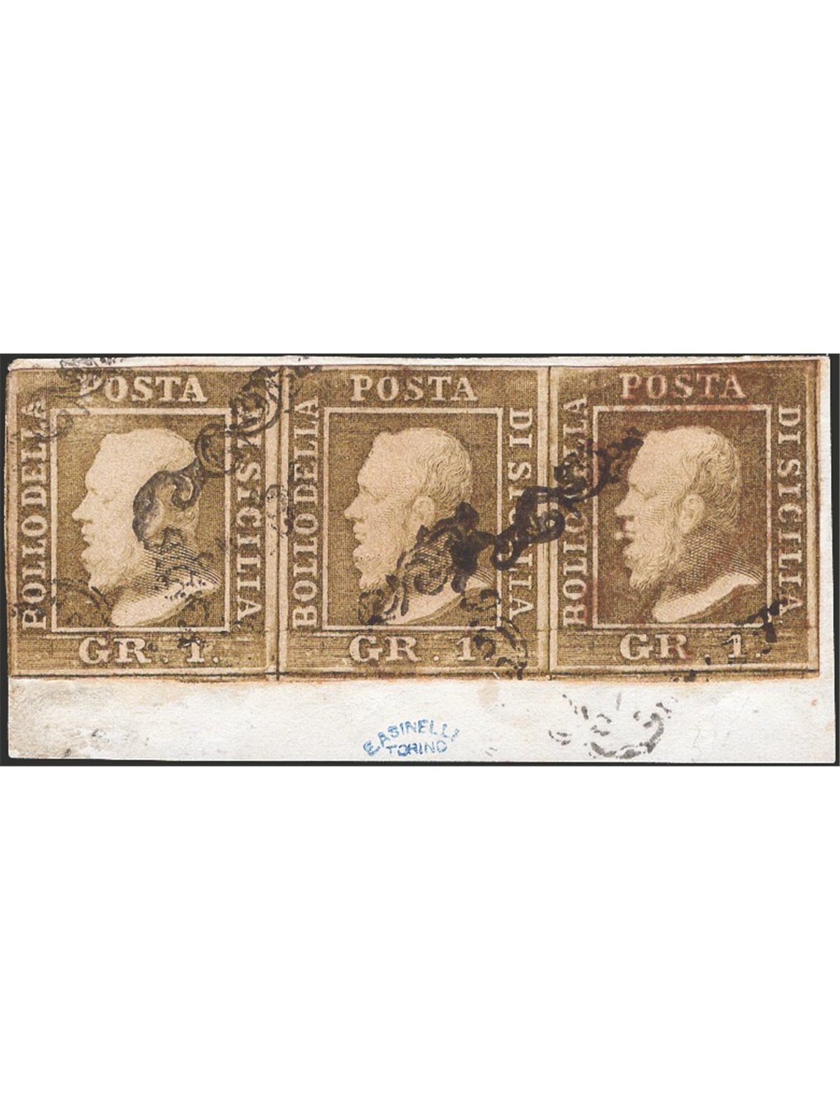 Sicilia 1859 Frammento di lettera con striscia di 3 del 1 gr. bruno oliva (NA) posizione 32 con doppia incisione 33 e 34 della I