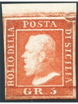Sicilia 1859 5 gr. vermiglio vivo n° 11a Cert. Biondi Cat. € 1.250 (*)