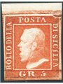 Sicily 1859 5 gr. bright vermilion no. 11a Cert. Biondi Cat. €1,250 (*)