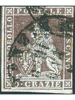 Tuscany 1857 Marzocco 9 cr. purplish-brown on grey Cert. Biondi Cat. €500 (U)