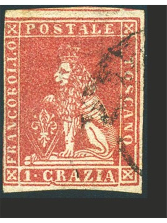 Toscana 1857 1 cr. carminio n° 12 Cert. Biondi Cat. € 1.500 (U)