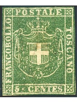Toscana 1860 Gov. Provv. 5 c. verde n° 18. Firm. AD Cert. Biondi Cat. € 38.000 (*)