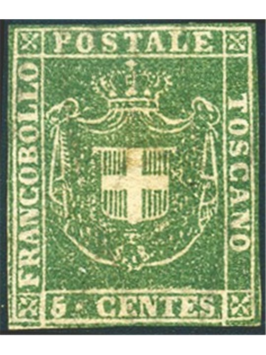 Toscana 1860 Gov. Provv. 5 c. verde n° 18. Firm. AD Cert. Biondi Cat. € 38.000 (*)