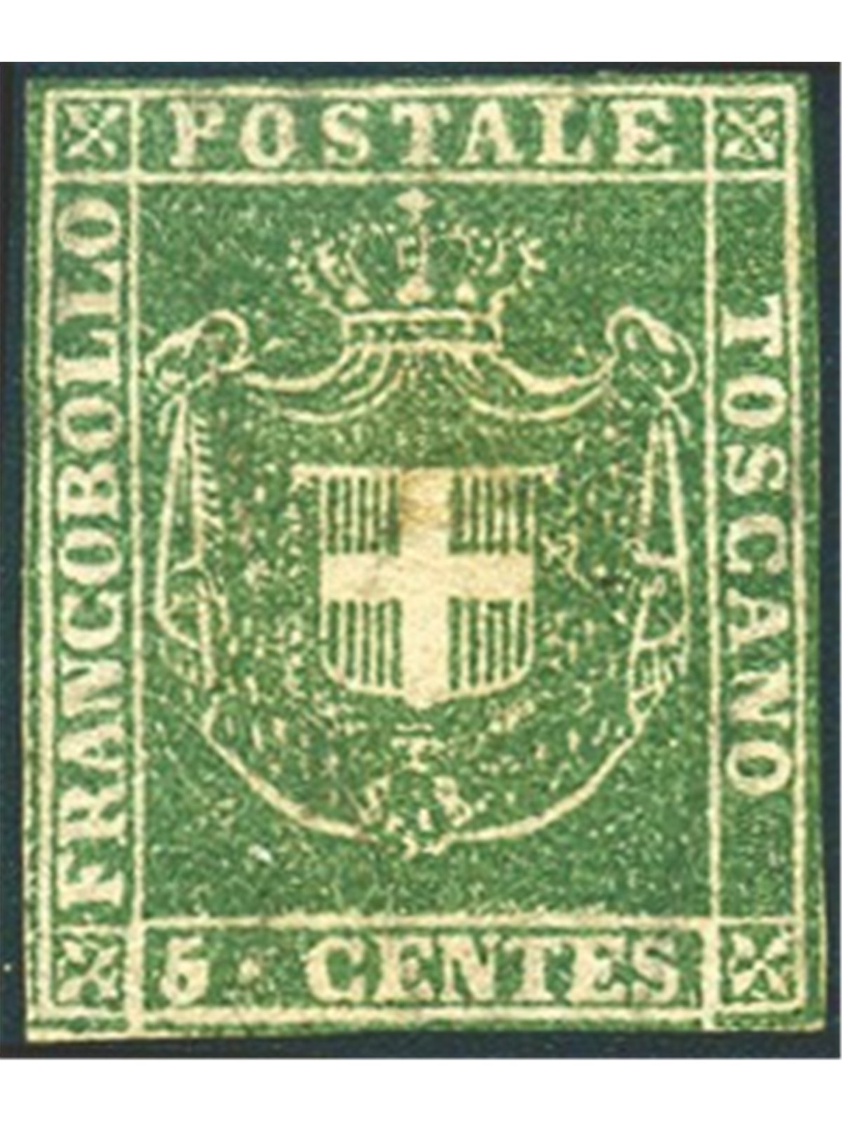 Toscana 1860 Gov. Provv. 5 c. verde n° 18. Firm. AD Cert. Biondi Cat. € 38.000 (*)