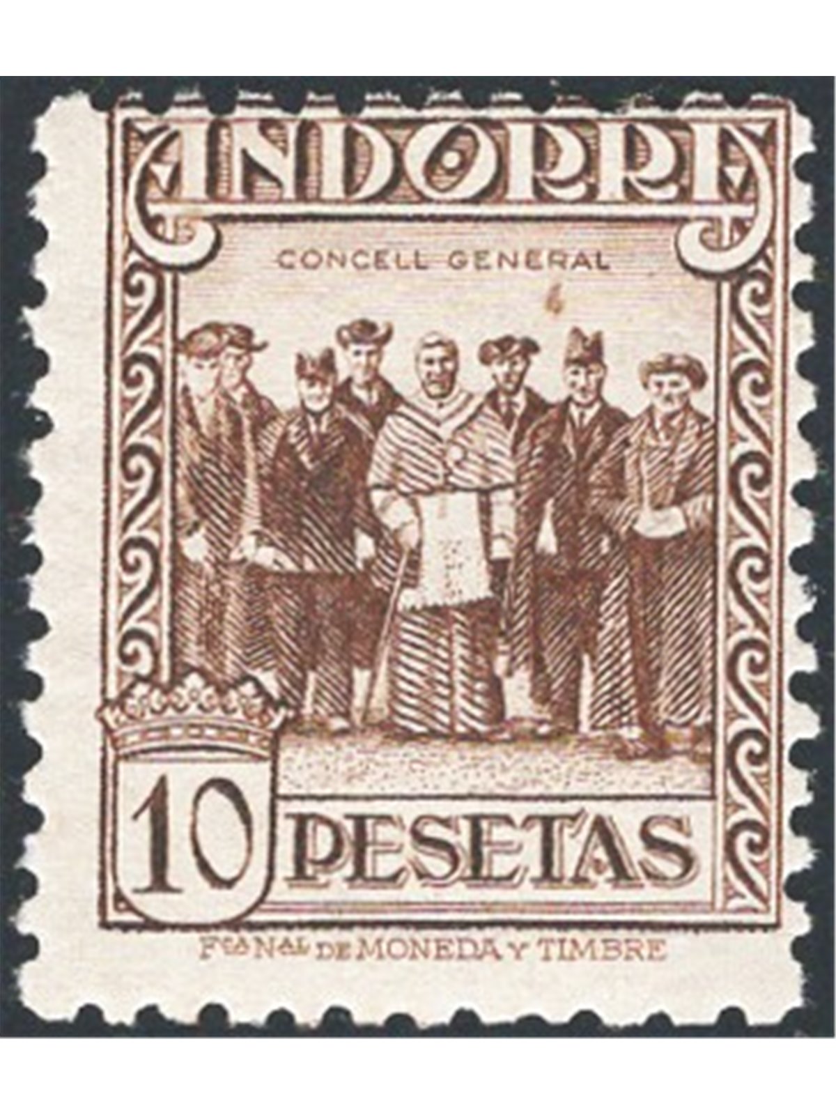 Spanish Andorra 1948 Definitive 10 ptas General Council highest-value stamp in the series No. 26A Cat. €130 (**)