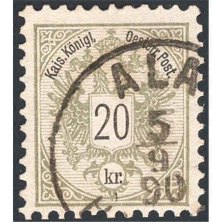 Austria 1883 Aquila bicipite con cifra in nero al centro 20 k. grigio lilla dent. 10½ n° 44 Cert. CiBaFil Cat. € 500 (U)