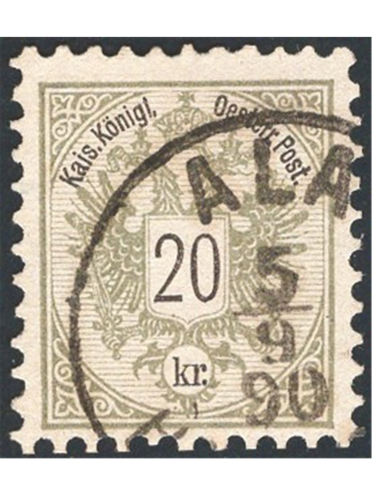 Austria 1883 Double-headed Eagle with black cipher in centre 20 k. lilac-grey perforation 10½ no. 44. CiBaFil certificate Cat. €