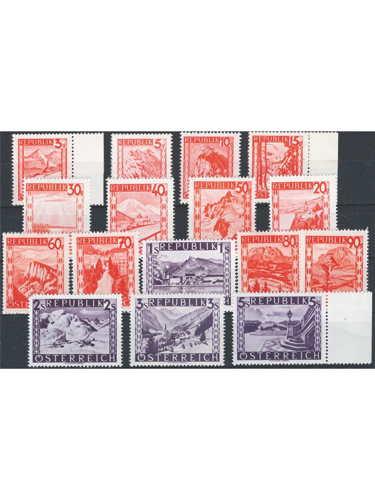 Austria 1947/48 Landscapes series no. 697/711 Catalogue price €105 (**)