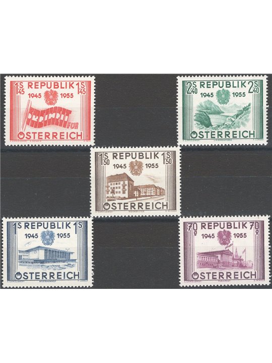 Austria 1955 10° Anniv. della II Repubblica serie n° 845/49 Cat. € 80 (**)