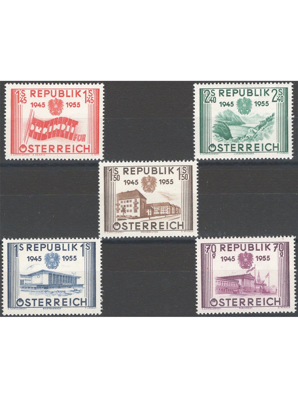Austria 1955 10° Anniv. della II Repubblica serie n° 845/49 Cat. € 80 (**)