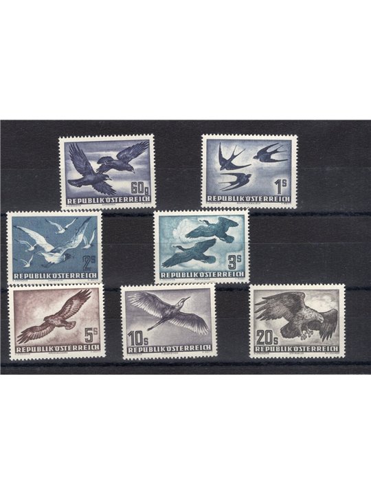 Austria 1950/53 P.A. Birds series no. 54/60. CiBaFil certificate Massenzini certificate Cat. € 500 (**)