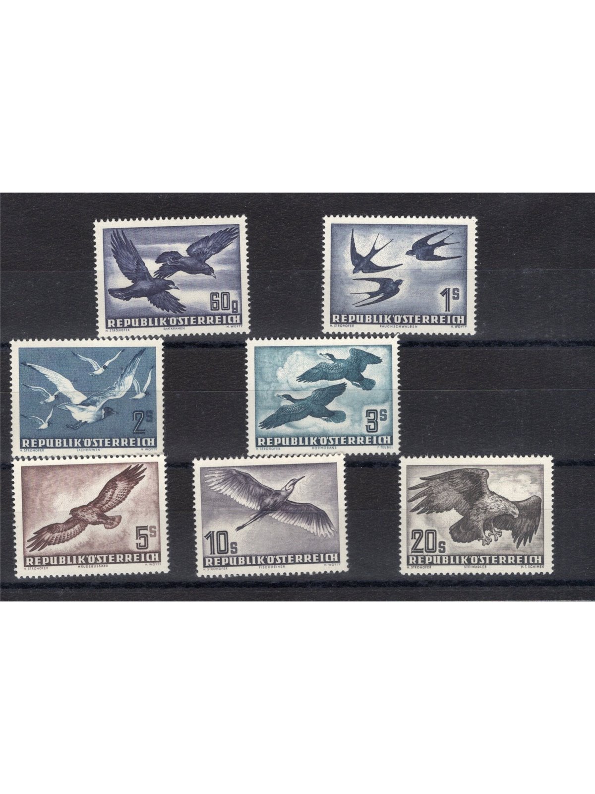Austria 1950/53 P.A. Uccelli serie n° 54/60 Cert. CiBaFil Cert. Massenzini Cat. € 500 (**)