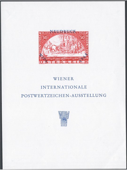 Austria 1965 Esposizione Filatelica WIPA foglietto semiufficiale stampa calcografica con il francobollo del 1933 stampato in ros
