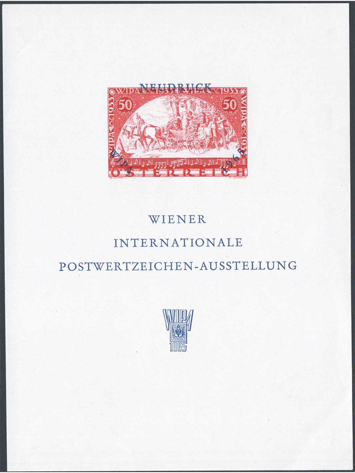 Austria 1965 WIPA Philatelic Exhibition semi-official miniature sheet intaglio printing featuring the 1933 stamp printed in red 
