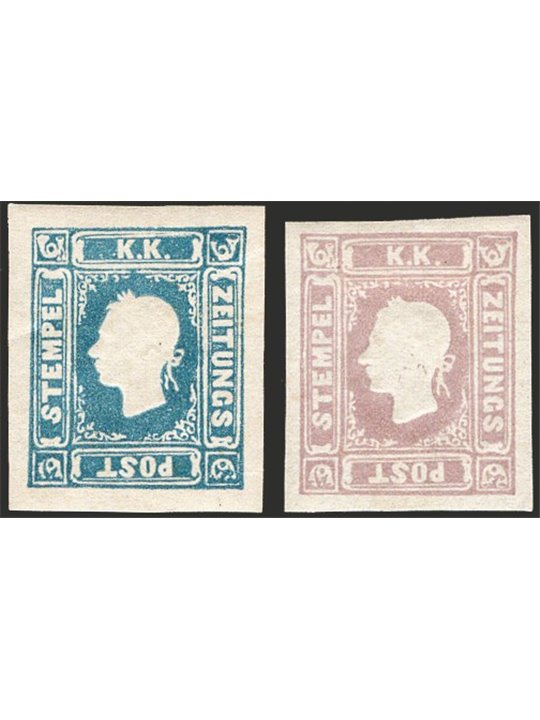 Austria 1858 Newspaper stamps: Franz Joseph facing left series no. 5/6. Signed by Raybaudi Zoller Certified by Apicella Catalogu