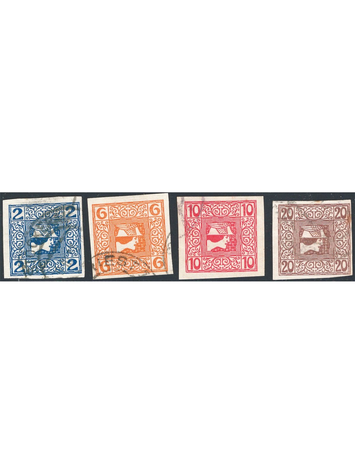 Austria 1908/10 Newspaper stamps – Head of Mercury series No. 16A/19A Cat. €40 (U)
