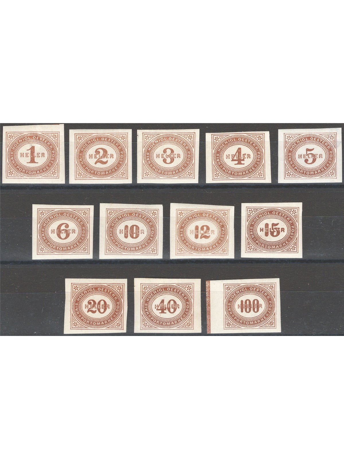 Austria 1899 Segnatasse cifra in ovale con valori in heller serie n° 10/21 Cat. € 100 (*)