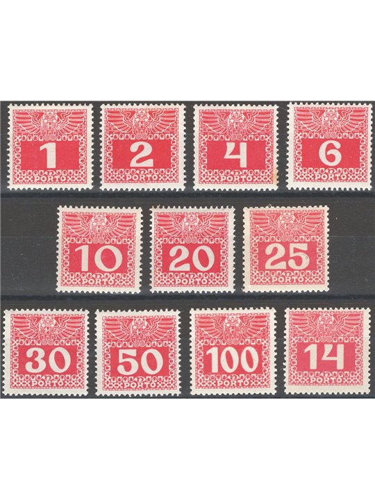 Austria 1908/13 Stamp duty mark with a figure in a rectangle series no. 34/43 + 46 Cat. €156 (*)
