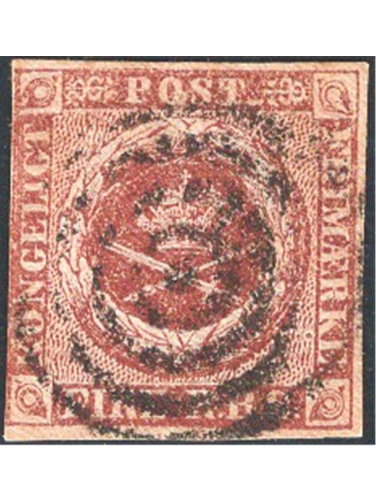Danimarca 1851/54 Stemma 4 f. bruno cioccolato n° 2 Cat. € 95 (U)