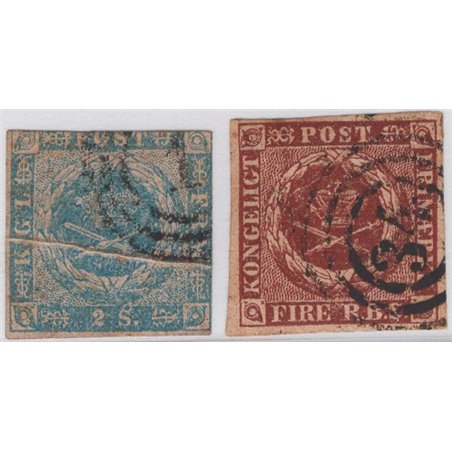 Danimarca 1854/63 Stemma 2 s. azzurro e 4 s. giallo bruno n° 3 + 4 Cat. € 80 (U)
