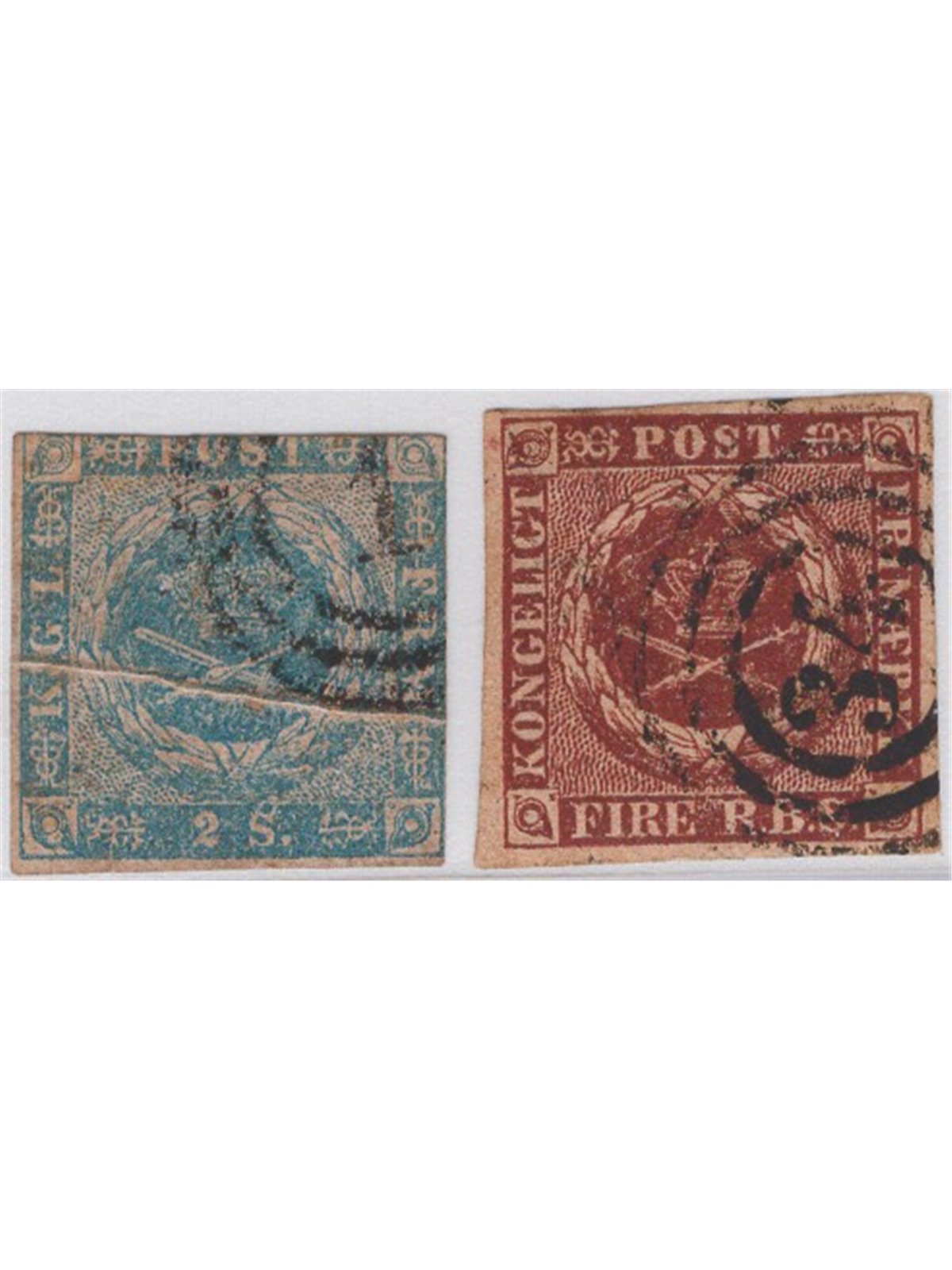 Danimarca 1854/63 Stemma 2 s. azzurro e 4 s. giallo bruno n° 3 + 4 Cat. € 80 (U)