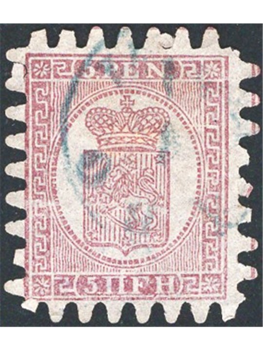Finlandia 1866/70 Stemma 5 p. lilla bruno su ocra n° 5 Cat. € 350 (U)