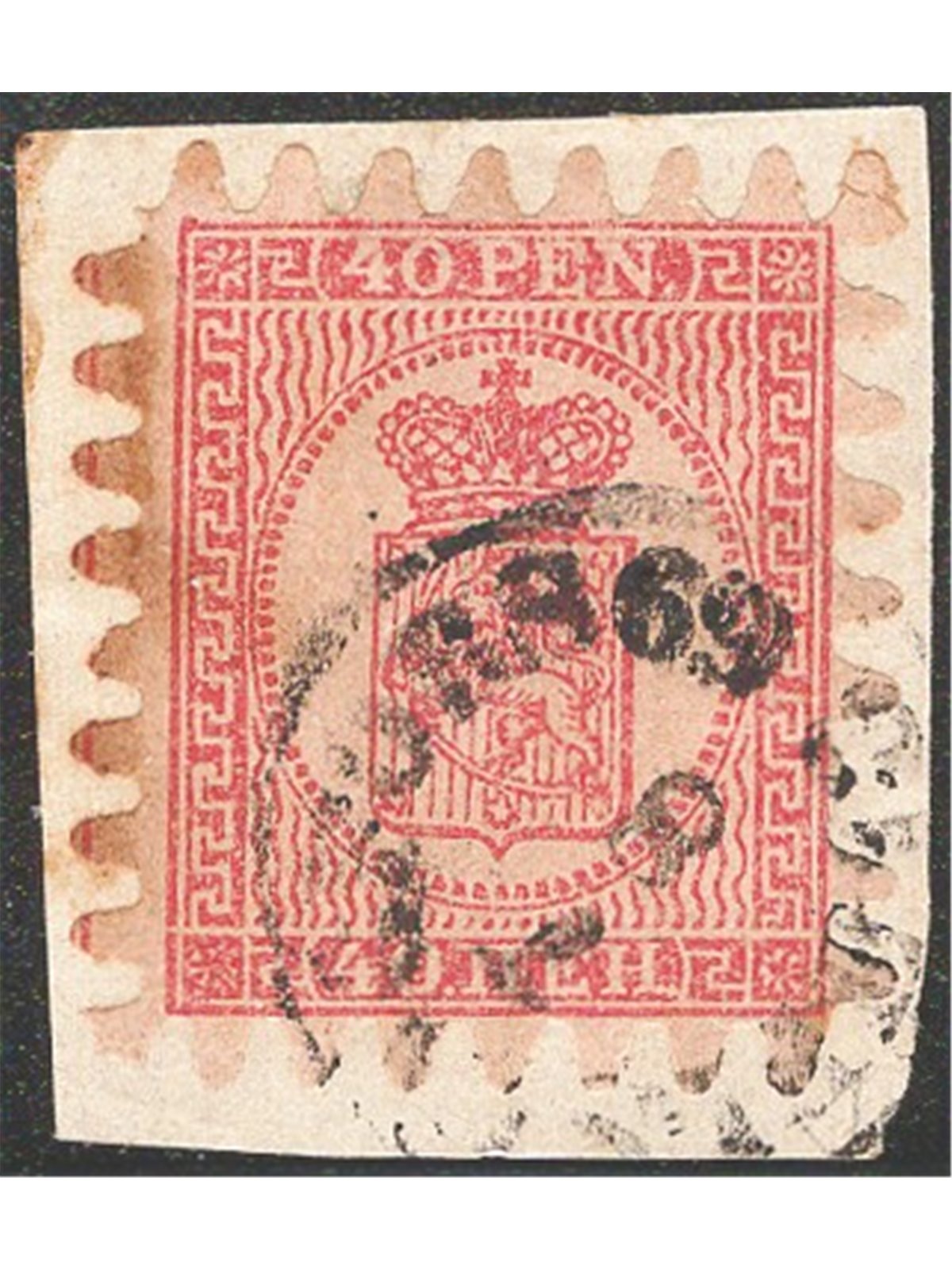 Finlandia 1866/70 Stemma 40 p. rosa su lilla chiaro con perforazione del III tipo n° 9 Cat. € 140 (Fr)