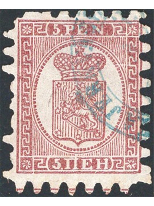 Finlandia 1866/70 Stemma 5 p. lilla bruno su grigio n° 11b Cat. € 400 (U)