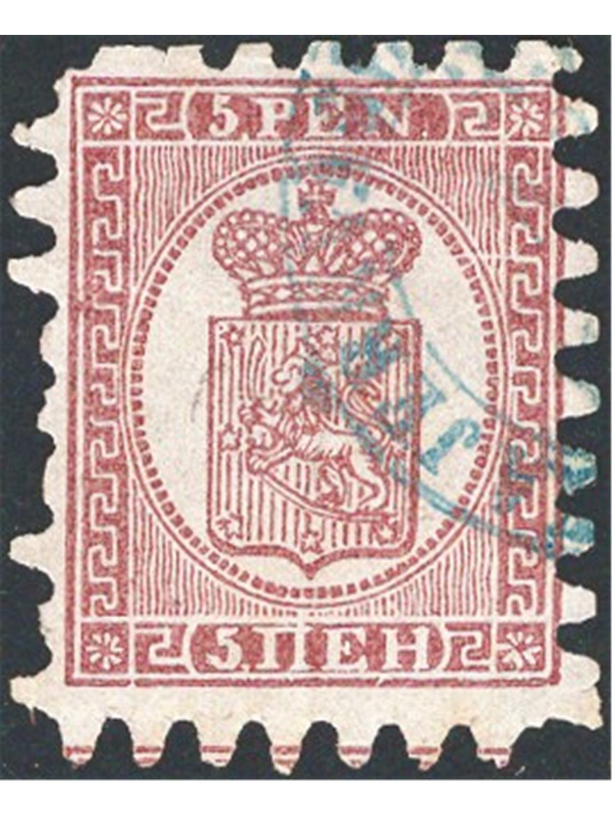 Finlandia 1866/70 Stemma 5 p. lilla bruno su grigio n° 11b Cat. € 400 (U)