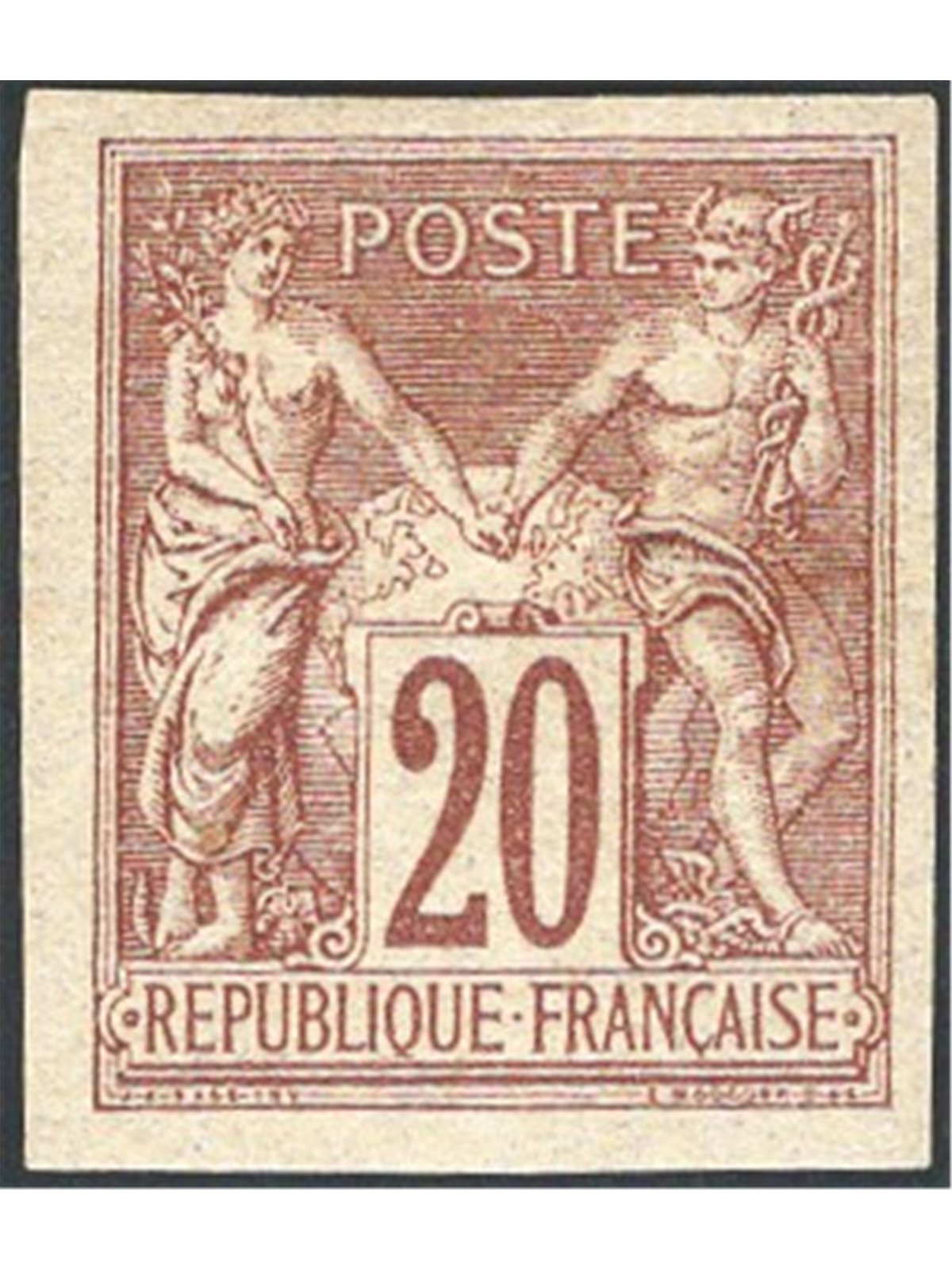 France 1876 Sage type 20 c. reddish-brown on undentilated straw no. 67. CiBaFil cert Cat. €650 (*)