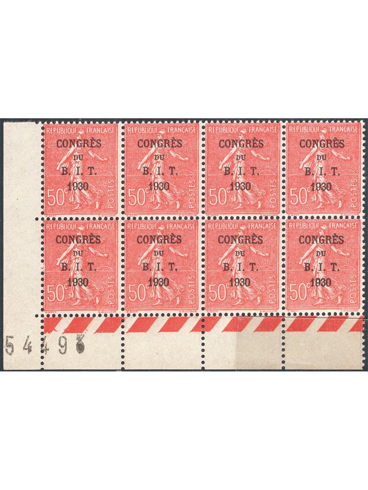 Francia 1930 Congresso B.I.T. blocco di 8 angolo di foglio “coin dates” n° 264 (**)