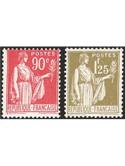 France 1932/33 Peace 90 c. carmine + 1.25 fr. olive the two key values of the series nos. 285 + 287 Cat. € 290 (**)
