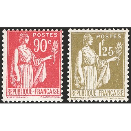 France 1932/33 Peace 90 c. carmine + 1.25 fr. olive the two key values of the series nos. 285 + 287 Cat. € 290 (**)