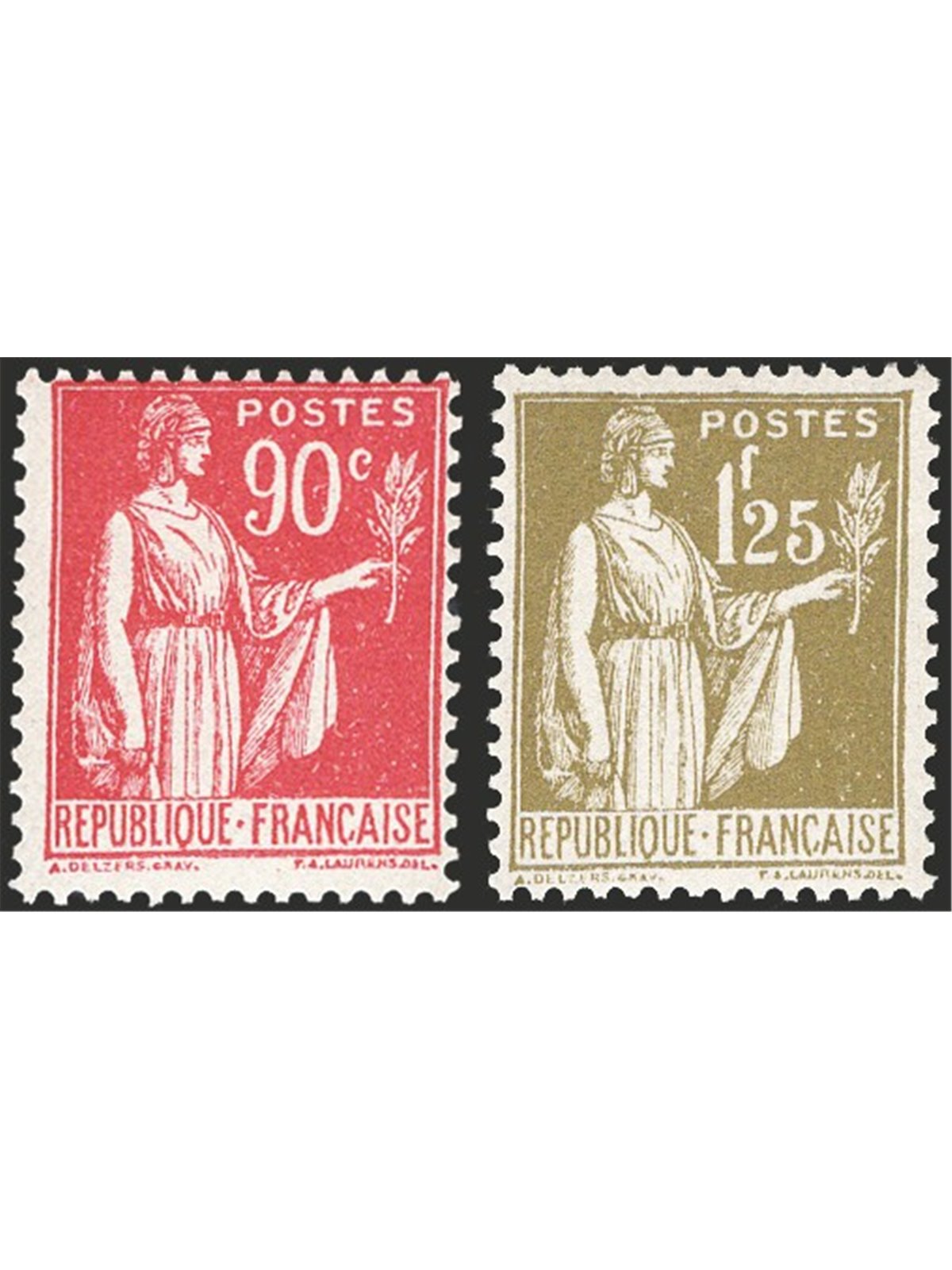 Francia 1932/33 Pace 90 c. carminio + 1,25 fr. oliva i due valori chiave della serie n° 285 + 287 Cat. € 290 (**)
