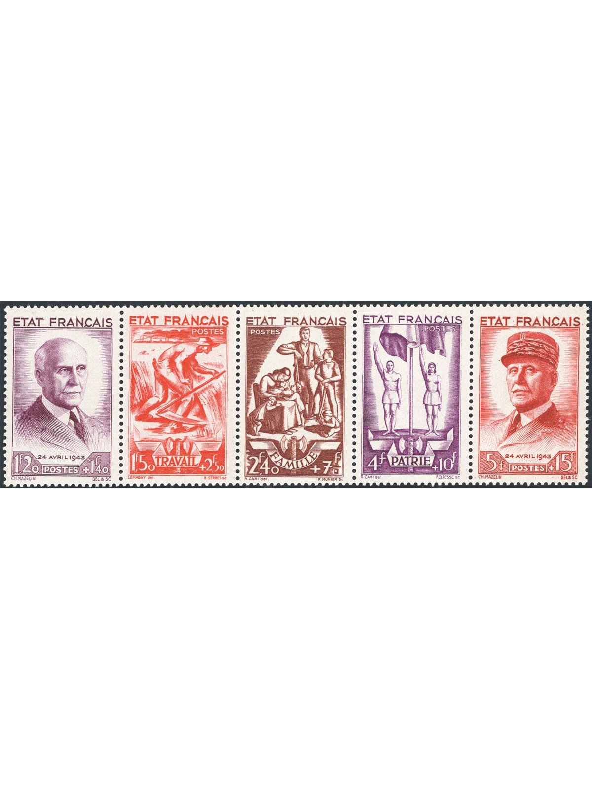 Francia 1943 Soccorso Nazionale in striscia di 5 n° 576/80 Cat. € 155 (**)
