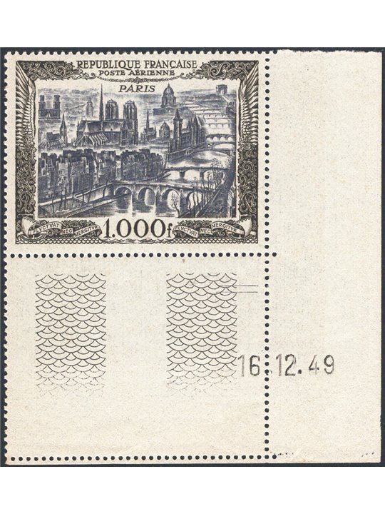Francia 1950 P.A. Veduta di Parigi 1.000 fr. grigio e nero angolo di foglio (coin dates) n° 29 Cat. € 165+ (**)